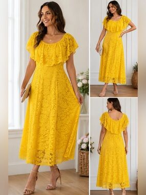 Chelsea Taylor Yellow Floral Lace Midi Dress XL NWT Flutter Sleeve Overlay Dress
